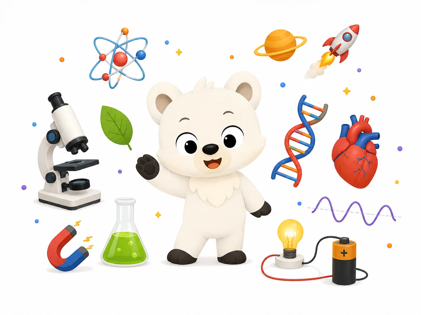 Star surrounded by Biology, Chemistry and Physics illustrations